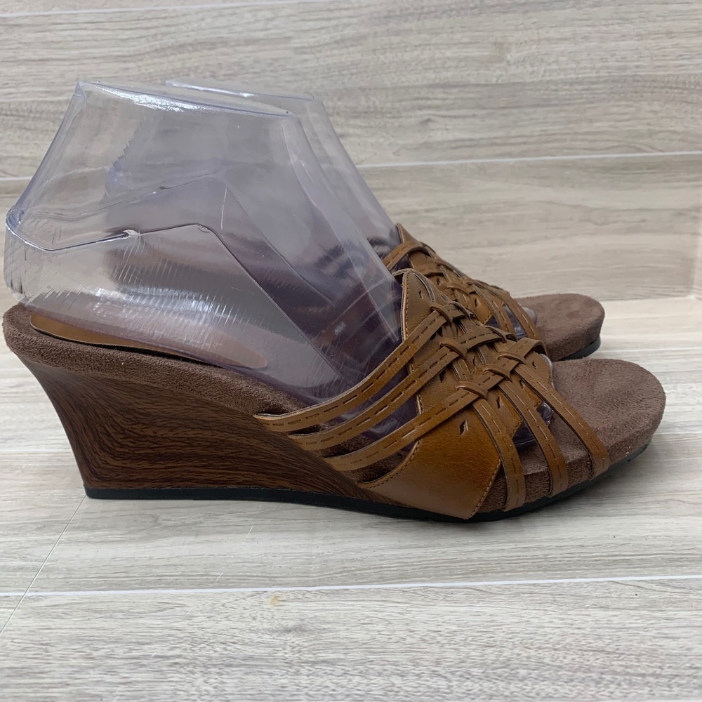BareTraps Brown Woven Leather Wedge Sandals